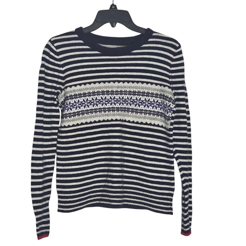 J. Crew Striped Fair Isle Sweater Womens Size S Navy White Blue, Merino Wool